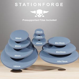 May include: A collection of blue-gray circular bases in various sizes, ranging from 25mm to 100mm in diameter, arranged in stacks. The image includes the text "STATIONFORGE" and "Presupported Files Included".