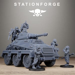 May include: A gray resin miniature model of a six-wheeled armored vehicle with a turret and cannon. Four soldier figures in gas masks and long coats are positioned on and around the vehicle. The text STATIONFORGE appears above the model.