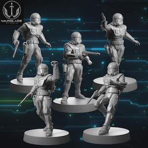May include: A collection of gray action figures of soldiers in futuristic armor, each posed differently and holding weapons. The figures are on circular platforms, with the "WARDLADE STUDIO" logo in the upper left corner.