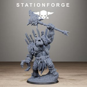 May include: A grey unpainted resin miniature of an orc warrior standing on a rocky base. The figure holds a large spiked mace overhead with one hand and has a mechanical claw on the other. It wears spiked armor and has the text STATIONFORGE above.