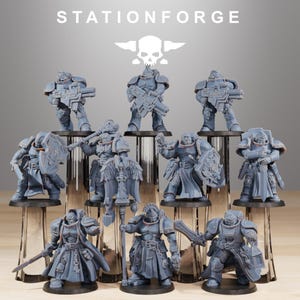 May include: A set of ten grey resin miniature soldier figures from StationForge. The figures are depicted in various poses, wearing armored suits and carrying weapons including rifles, swords, shields, and a banner. Each figure stands on a circular base.