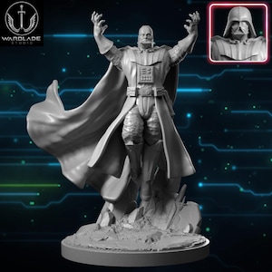 May include: A gray, detailed figurine of Darth Vader with his arms raised. The figure is standing on a rocky base, with a cape flowing behind him. The Wardlade Studio logo is in the upper left corner. A smaller bust of Darth Vader is in the upper right corner.