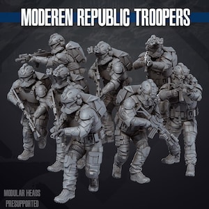 May include: A set of seven grey miniature figures titled MODEREN REPUBLIC TROOPERS. Each figure wears tactical armor, helmets with visors, and backpacks, and carries a rifle. The figures are depicted in various combat poses with modular heads.