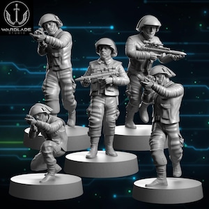 May include: Five gray miniature figurines of soldiers in combat poses, each holding a rifle. The figures are on circular platforms, with a logo in the upper left corner. The soldiers wear helmets and tactical gear.