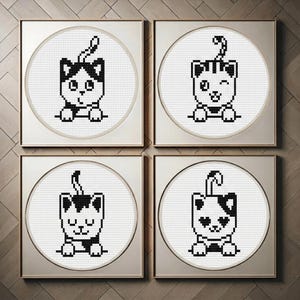 Conjunto de 4 patrones de punto de cruz de gatitos negros pequeños – Diseño de bordado de mini gatitos