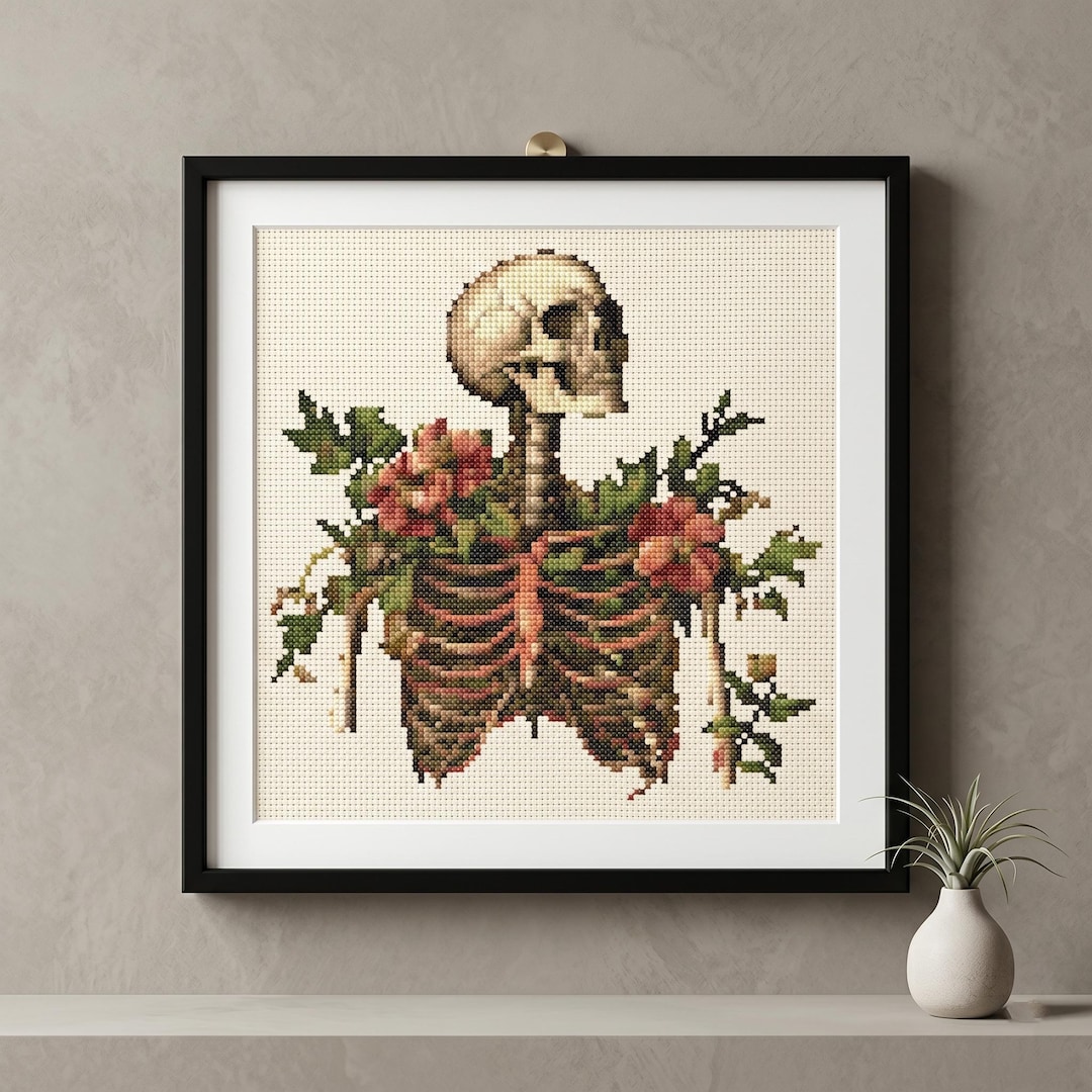 Floral Skeleton Cross Stitch Pattern | Gothic Skull Roses Embroidery ...