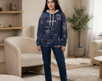 Pop Art Collage Pullover | Blaues Grafik-Foto-Patchwork-Hoodie