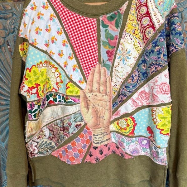 Maximalist handmade upcycle patchwork rayburst sweater