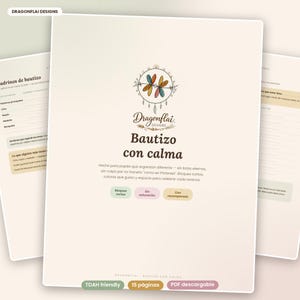 Puede incluir: Un planificador digital titulado Bautizo con calma de Dragonflai Designs, con un logotipo de libélula, texto en español y tres botones de colores etiquetados como Bloques cortos, Sin saturación y Con recompensas sobre un fondo crema.