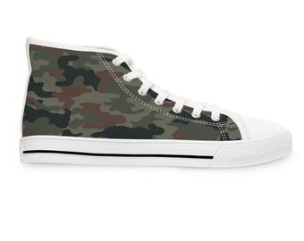 Womens Green Camo High Top Sneakers | Custom Streetwear Canvas Shoes with Memory Foam Insoles