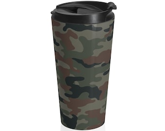 15 oz Camo Pattern Stainless Steel Travel Mug | Green Brown Camouflage Tumbler