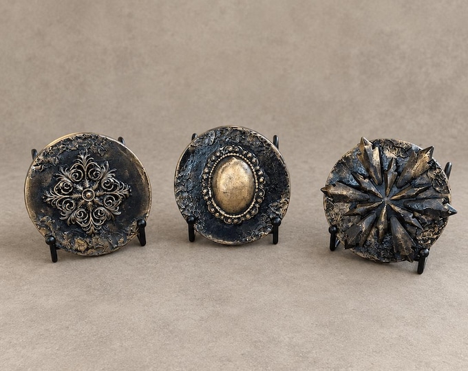 Featured listing image: Gothic Decorative Plaque, Black and Antique Gold, 4 Inch Victorian Shelf Decor, Optional Display Stand
