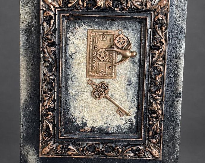 Featured listing image: Gothic Clockwork Plaque, Victorian Ornate Bird Key Art, Distressed Metal Decor (Optional Stand)