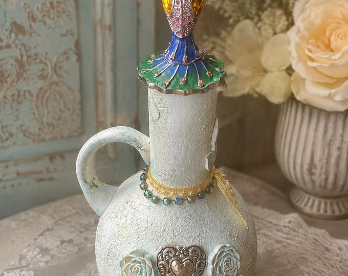 Featured listing image: Handmade Jeweled Peacock Bottle, One of a Kind Fantasy Decor