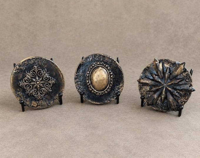 Featured listing image: Gothic Decorative Plaques Set of 3, Black and Antique Gold, Victorian Shelf Decor, Optional Display Stands