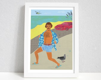 May include: A digital illustration of a man in a blue and white patterned shirt and blue shorts standing on a beach with a red car and a helicopter in the background. A gray pigeon is standing on the sand.