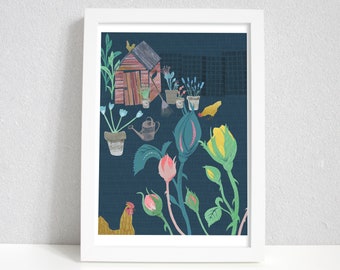 Garden Roses Illustration, print, Giclee Print, Wall Art, Art Print, Paper Collage
