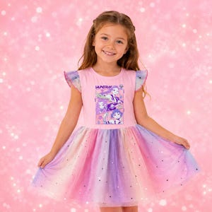 Robe Kpop Chasseuse de Démons pour filles, Robe tutu Huntrix pour enfants, Cadeau d'anniversaire Chasseuse de Démons, Robe fandom pour filles