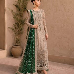 slim fit dress slacks Maria B | Pre Fall Dresses | 3 Piece Embroidered Suit Deep Olive Green main image 1