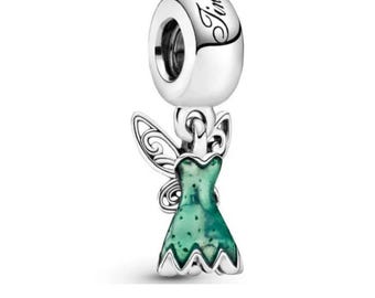 Silver Tinkerbell Fairy Charm: Green Dress Wings Jewelry