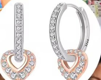 Two-Tone Silver Rose Gold Heart Dangle Huggie Hoop Earrings