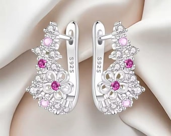Silver Flower Earrings with Pink Cubic Zirconia Stones