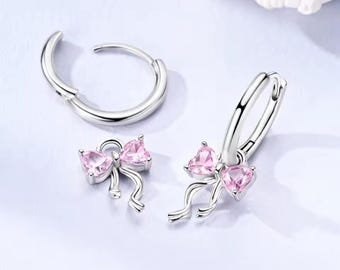 Sterling Silver Huggie Hoop Earrings with Pink Bow Charm