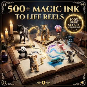 Op de afbeelding: Een digitale afbeelding met een open boek en diverse dieren zoals een wolf, tijger, panda, leeuw, inktvis, axolotl, hagedis en koala. De tekst luidt 500+ MAGIC INK TO LIFE REELS en 100% PURE MAGIC TRANSFORMATIONS, omringd door kaarsen.