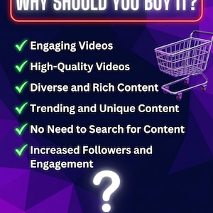 A digital graphic with the question "WHY SHOULD YOU BUY IT?" in white with a red outline. The graphic lists benefits like "Engaging Videos" and "Increased Followers." A shopping trolley graphic is on the right, and a question mark is at the bottom.