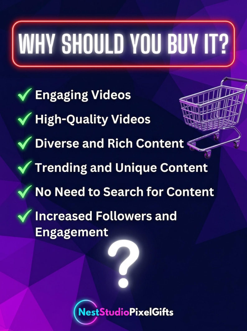 A digital graphic with the question "WHY SHOULD YOU BUY IT?" in white with a red outline. The graphic lists benefits like "Engaging Videos" and "Increased Followers." A shopping trolley graphic is on the right, and a question mark is at the bottom.