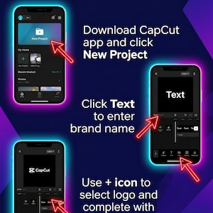 A mobile video editing tutorial using the CapCut app. The image provides a step-by-step guide with screenshots, arrows, and text instructions. The steps include creating a new project, adding text, and using the overlay feature.