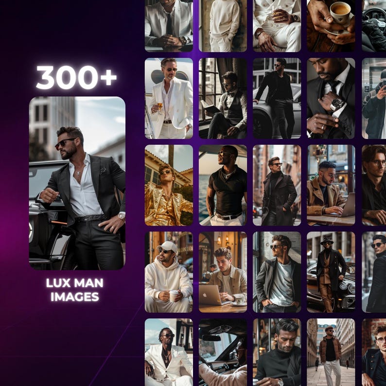 May include: A digital collection of 300+ high-quality photographs featuring men in various professional and casual outfits, including tailored suits, blazers, hoodies, and coats, displayed in a grid layout with the text LUX MAN IMAGES.
