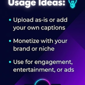 A digital graphic with a purple and blue gradient background. White and teal text reads "Usage Ideas:" followed by bullet points: "Upload as-is or add your own captions," "Monetize with your brand or niche," and "Use for engagement, entertainment, or ads."