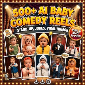 Pode incluir: Um gráfico digital com o texto 500+ AI BABY COMEDY REELS, STAND-UP, JOKES, VIRAL HUMOR e VIRAL & READY TO POST! A imagem exibe uma colagem de bebês em vários trajes e roupas, cada um segurando um microfone em um palco.