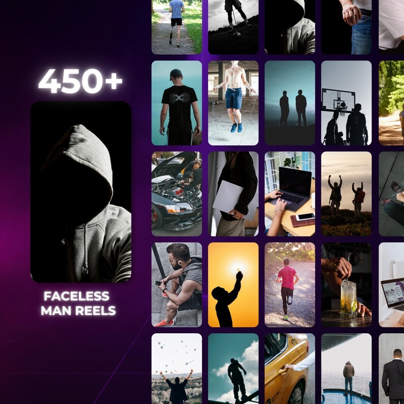 May include: A digital collection of 450+ Faceless Man Reels featuring a variety of short video clips showing individuals in diverse settings, including outdoor activities, fitness, work, and travel, all presented in a grid layout with a dark background.