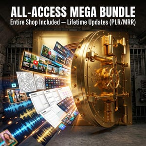 May include: A gold vault door with the text MEGA VAULT, emitting a glowing light that reveals various digital assets including video thumbnails, colouring pages, audio waveforms, and planner templates. Text reads ALL-ACCESS MEGA BUNDLE.