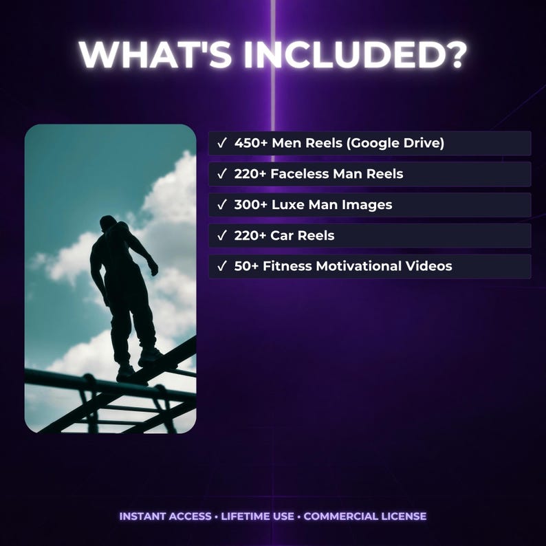 May include: A digital product listing titled WHAT'S INCLUDED? featuring a silhouette of a person on a ladder against a cloudy sky. The list includes 450+ Men Reels, 220+ Faceless Man Reels, 300+ Luxe Man Images, 220+ Car Reels, and 50+ Fitness Motivational Videos.