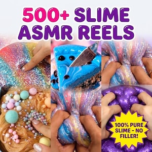 Puede incluir: Un gráfico digital con el texto 500+ SLIME ASMR REELS y 100% PURE SLIME - NO FILLER! La imagen muestra varias texturas de slime, incluyendo purpurina arcoíris, azul con cuentas oscuras, pompones pastel y slime metálico de color púrpura.