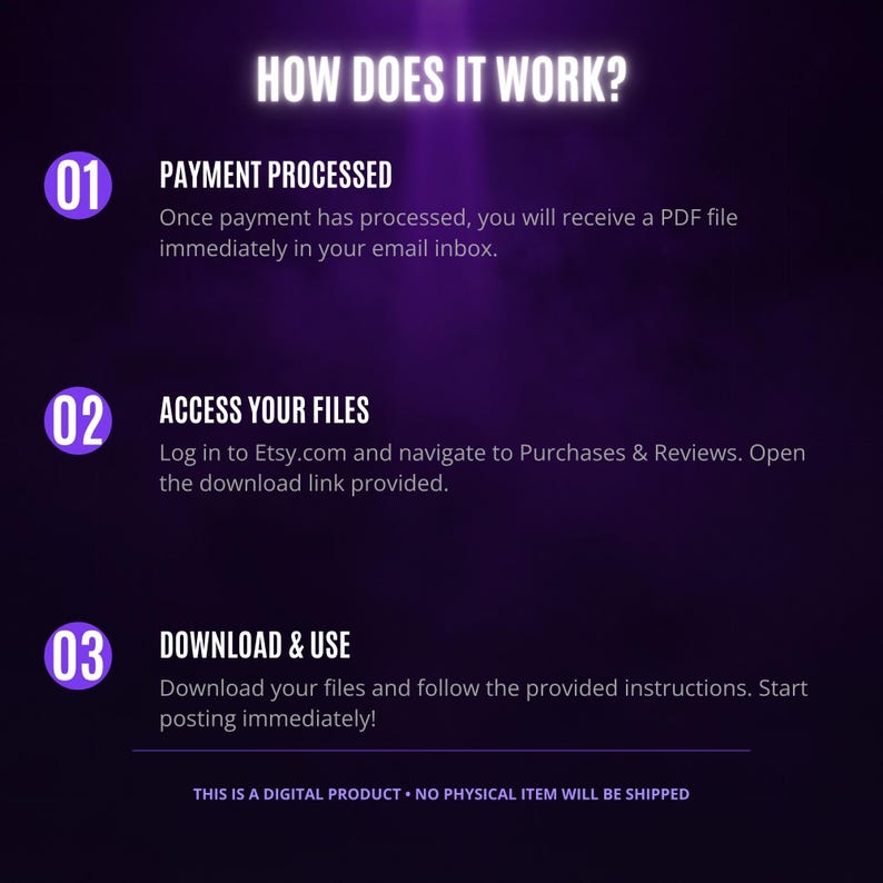 May include: A purple graphic with white text titled HOW DOES IT WORK? outlining three steps: 01 PAYMENT PROCESSED, 02 ACCESS YOUR FILES, and 03 DOWNLOAD & USE. The bottom text states THIS IS A DIGITAL PRODUCT &bull; NO PHYSICAL ITEM WILL BE SHIPPED.