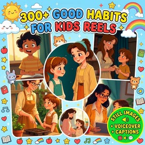 Puede incluir: Un gráfico digital titulado 300+ GOOD HABITS FOR KIDS REELS que presenta un collage de ilustraciones animadas que muestran a niños y adultos interactuando en diversos entornos, rodeado de iconos coloridos como estrellas, corazones y arcoíris.