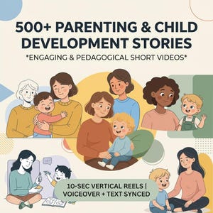 May include: A digital graphic featuring the text 500+ PARENTING & CHILD DEVELOPMENT STORIES *ENGAGING & PEDAGOGICAL SHORT VIDEOS* and 10-SEC VERTICAL REELS | VOICEOVER + TEXT SYNCED, surrounded by illustrations of adults interacting with young children.