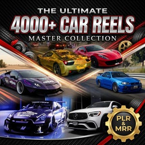 Może przedstawiać: Cyfrowa kolekcja zatytułowana THE ULTIMATE 4000+ CAR REELS MASTER COLLECTION przedstawiająca różne samochody sportowe, w tym złote Ferrari, czerwone Ferrari, fioletowe Lamborghini, niebieski Nissan Skyline, czarny Nissan GT-R oraz biały Mercedes-Benz.