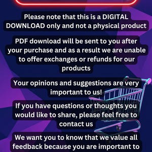 A digital download notice on a dark blue and purple gradient background. The text reads "Dear Customer," followed by information about digital products, refunds, and customer feedback. A shopping trolley graphic is included.