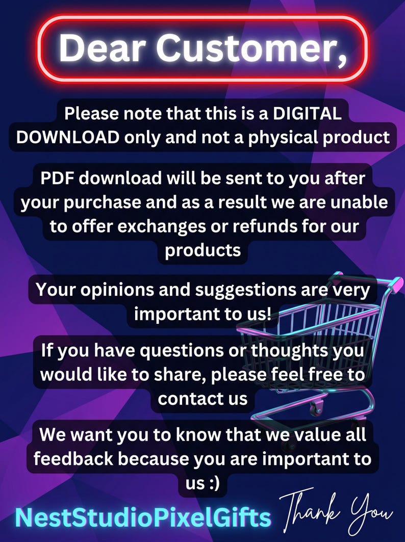 A digital download notice on a dark blue and purple gradient background. The text reads "Dear Customer," followed by information about digital products, refunds, and customer feedback. A shopping trolley graphic is included.
