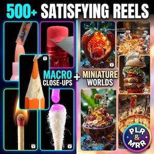 May include: A digital collection titled 500+ SATISFYING REELS featuring macro close-ups of pencils, matches, and erasers alongside miniature worlds with tiny figures interacting with food like strawberries, burgers, fruit bowls, and pizza slices.