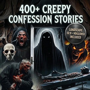 Puede incluir: Un gráfico digital titulado 400+ CREEPY CONFESSION STORIES que muestra una figura encapuchada en una puerta, rodeada de ilustraciones de terror que incluyen una persona gritando, una criatura pálida y un esqueleto en una mesa médica.