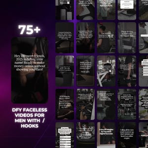 May include: A digital marketing template collection featuring numerous vertical panels with dark backgrounds and white text overlays. The content focuses on faceless online business strategies, including hooks and guides for selling digital products.
