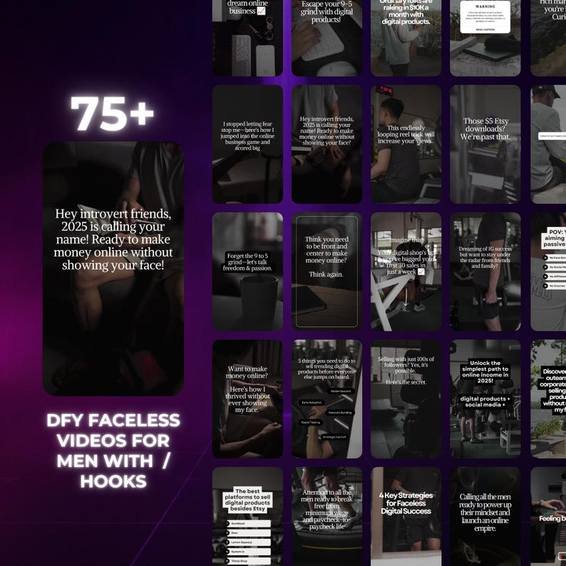 May include: A digital marketing template collection featuring numerous vertical panels with dark backgrounds and white text overlays. The content focuses on faceless online business strategies, including hooks and guides for selling digital products.