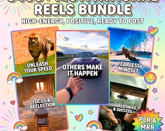 May include: A digital bundle graphic titled 3400+ MOTIVATIONAL REELS BUNDLE featuring five video thumbnails with text overlays: UNLEASH YOUR SPEED, OTHERS MAKE IT HAPPEN, FEARLESS MINDSET, FOCUS & REFLECTION, and SHARED DRIVE & SUCCESS, plus PLR & MRR text.