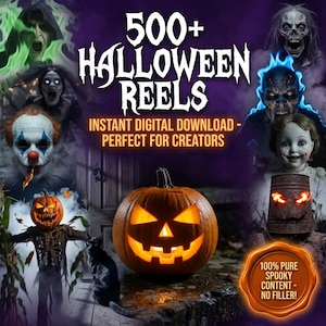 Puede incluir: Una colección digital titulada 500+ HALLOWEEN REELS que presenta varias imágenes de terror, incluyendo una calabaza tallada, un gato negro, un payaso, un espantapájaros, una muñeca y figuras fantasmales sobre un fondo morado oscuro.